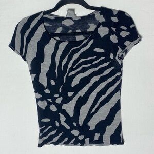 Ann Taylor Black Grey Zebra Extra Fine Merino Wool Short Sleeve Light Sweater M
